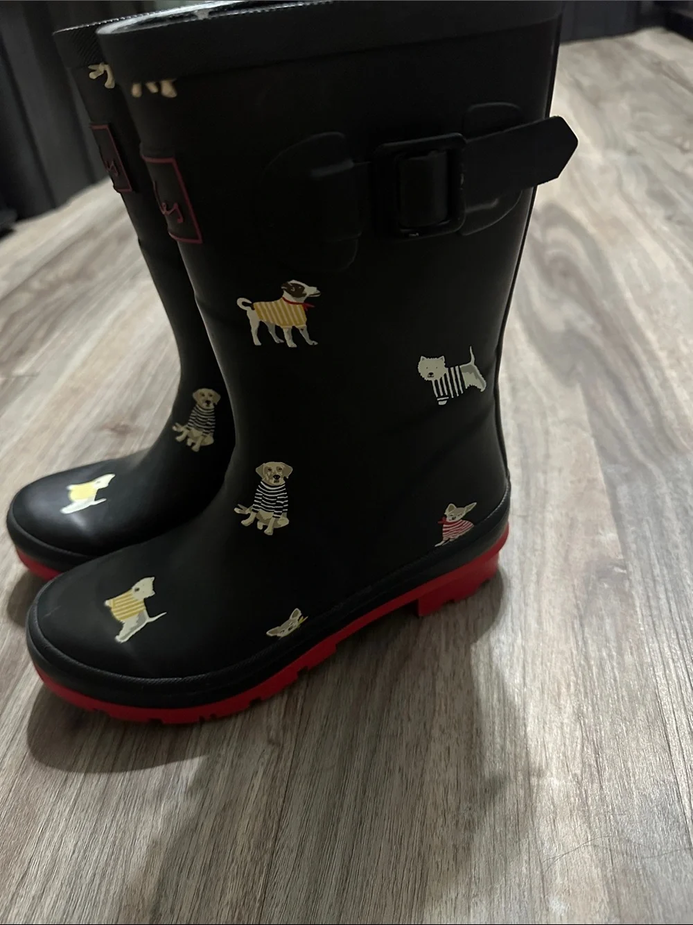 Joules Navy Kids Rain Boots with Red Sole and Dog Motif